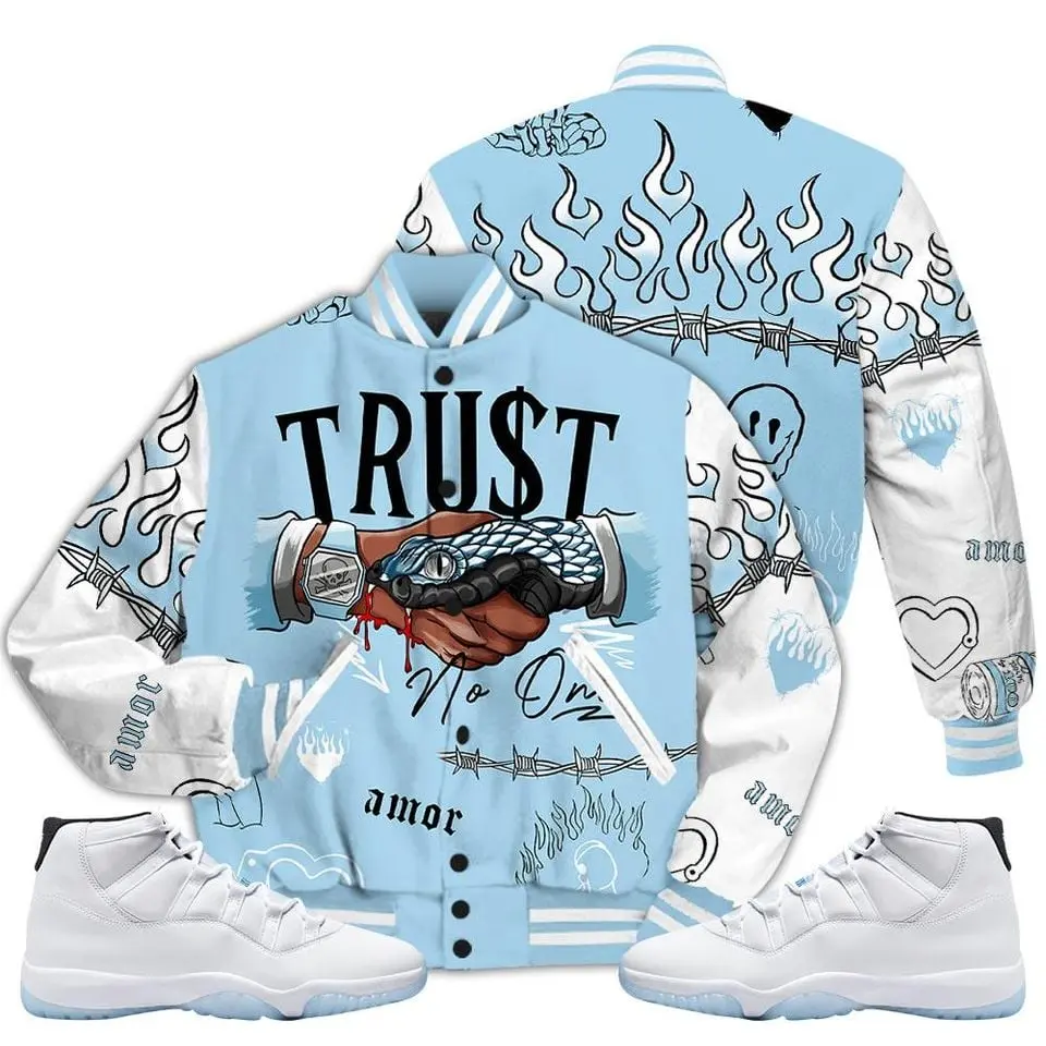 Legend Blue 11s Varsity Jacket, Blue 11 Outfits, Fire Trust No One Baseball Jacket, Baseball Jacket, Varsity Style Jacket, Unisex Sport Streetwear