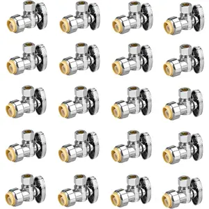 20pcs Stop Valves, 1/2" * 3/8" Angle Stop Valve, 1/2" PTC Input, 3/8" OD Compression Output, Push to Connect, 1/4 Turn, Chrome Plated Brass for Faucet, Toilet Valves, No Lead