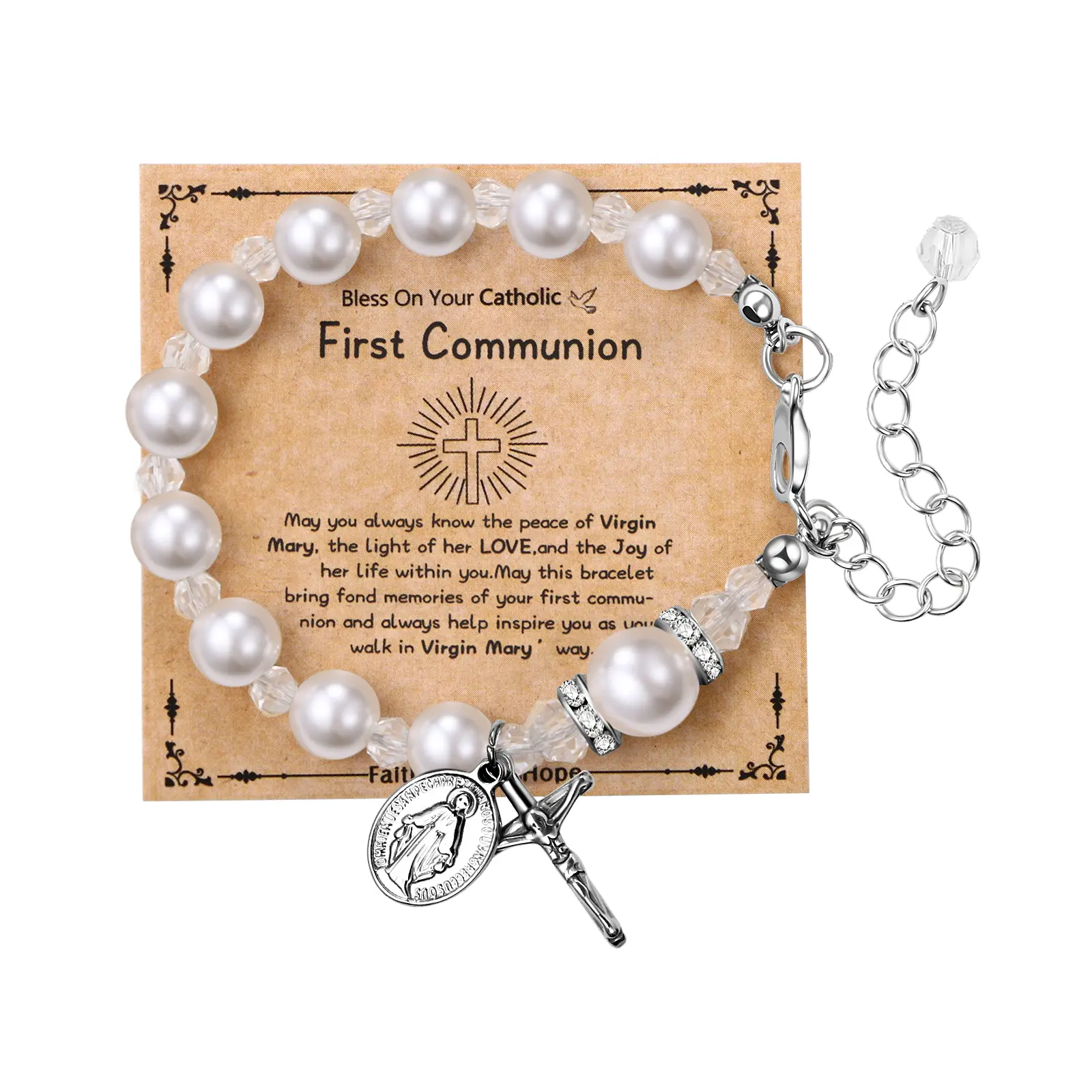 OIDEA Women's Adjustable Cross Charm Rosary Bead Bracelet - White Christian Virgin Mary Wrist Chain, Catholic Orthodox Faith Wear Jewelry, Daily Religious Gift for Females, Christmas, Shell Beads, Extensible Chain, Cross Pendant