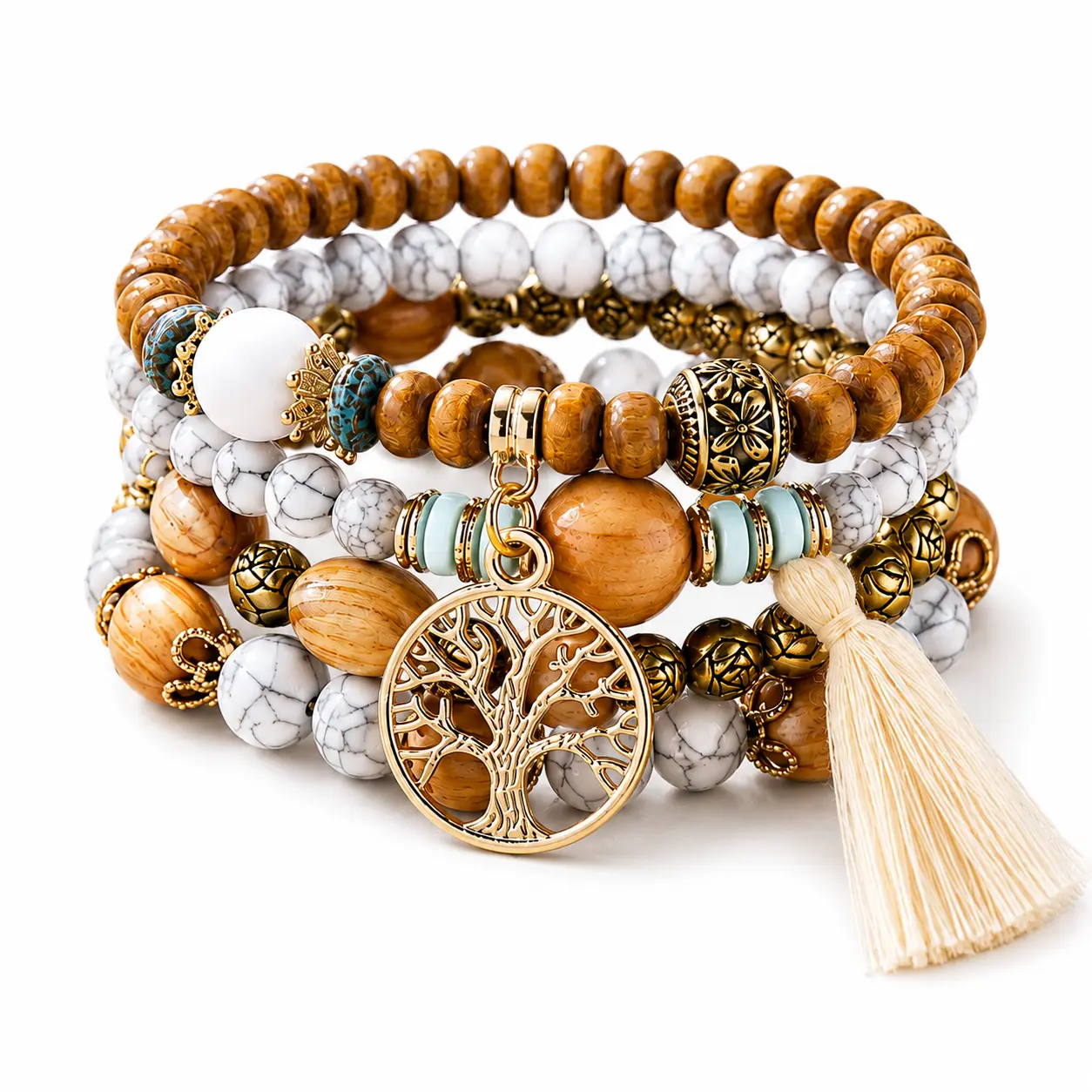 Boho Tree of Life Wood Bead Bracelet Set, 4 Pcs Stackable Tassel Design, Unisex Layered Spiritual Gift Jewelry friendship good fortune daily clothing decor money attraction bracelet
