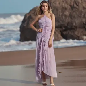 2026 Hot Selling Women's Sexy Ruffle Halter Dress Sleeveless Solid Color Long Flowy Dress Summer A-Line Dress For Wedding And Party