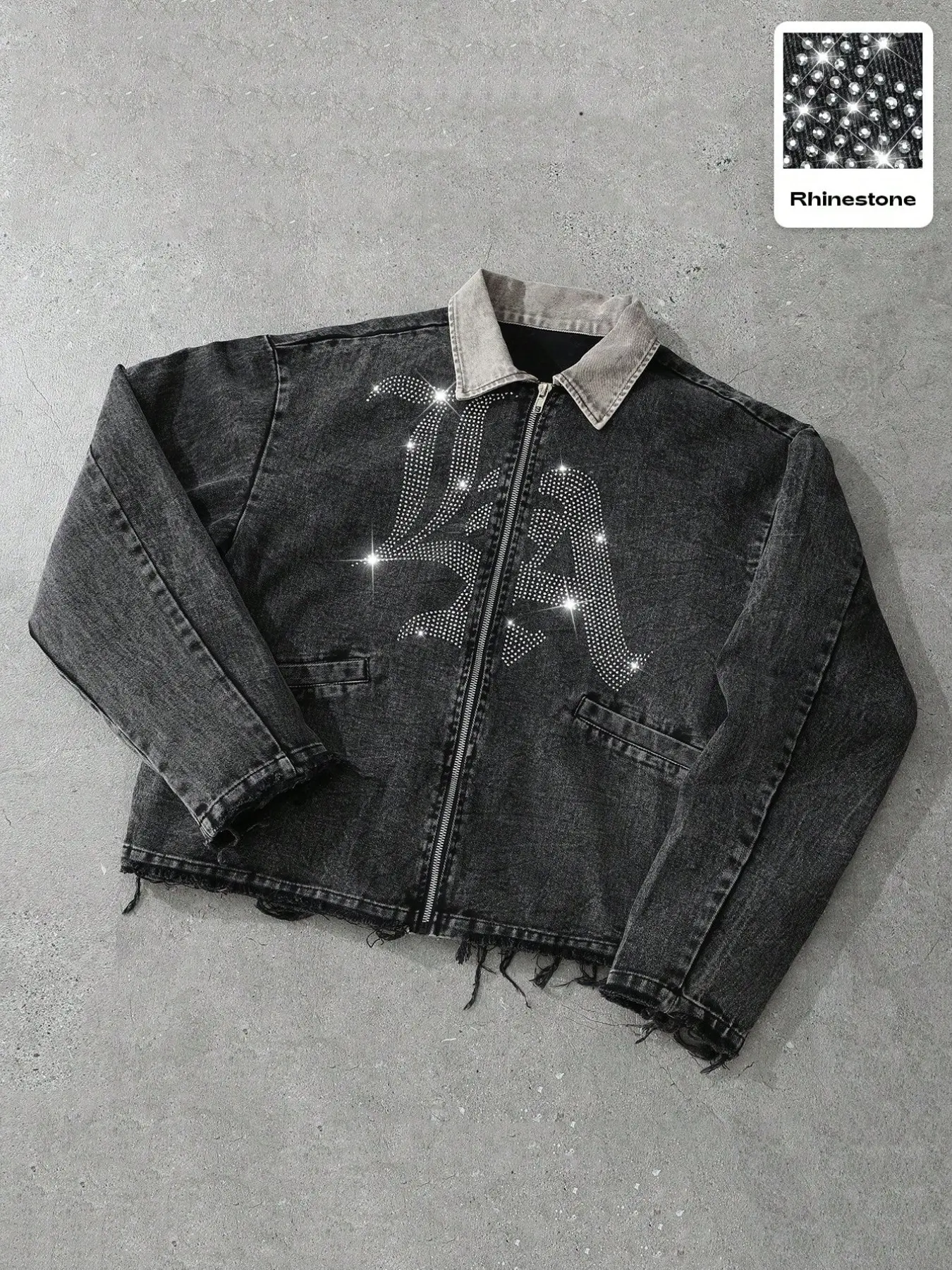 This men's distressed denim jacket features rhinestone letter prints, showcasing a casual street style suitable for daily commutes. It blends emo, rhinestones, retro, edgy, and star patterns.