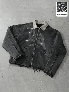 This men's distressed denim jacket features rhinestone letter prints, showcasing a casual street style suitable for daily commutes. It blends emo, rhinestones, retro, edgy, and star patterns.