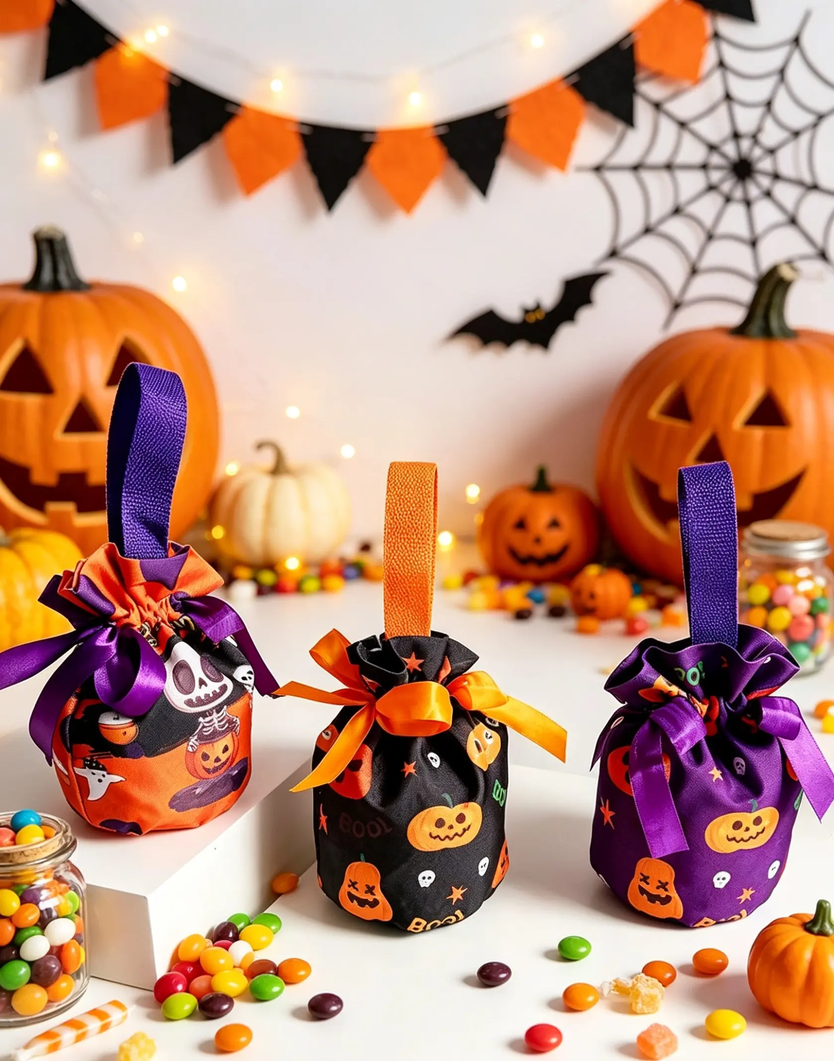 5-Pack Halloween Drawstring Candy Gift Bag, Halloween-Themed with Cartoon Ghost & Pumpkin Designs, Portable Storage for Party Snacks, Candy, Holiday Gifts