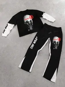 Men's Colorblock Street Style Graphic Print 2 in 1 Double Layer Long Sleeve Tee & Drawstring Waist Pants Loungewear Two-Piece Set, Pocket Flare Leg Trousers, Pajama Set, Pajamas, Men's Sleepwear for Fall & Winter