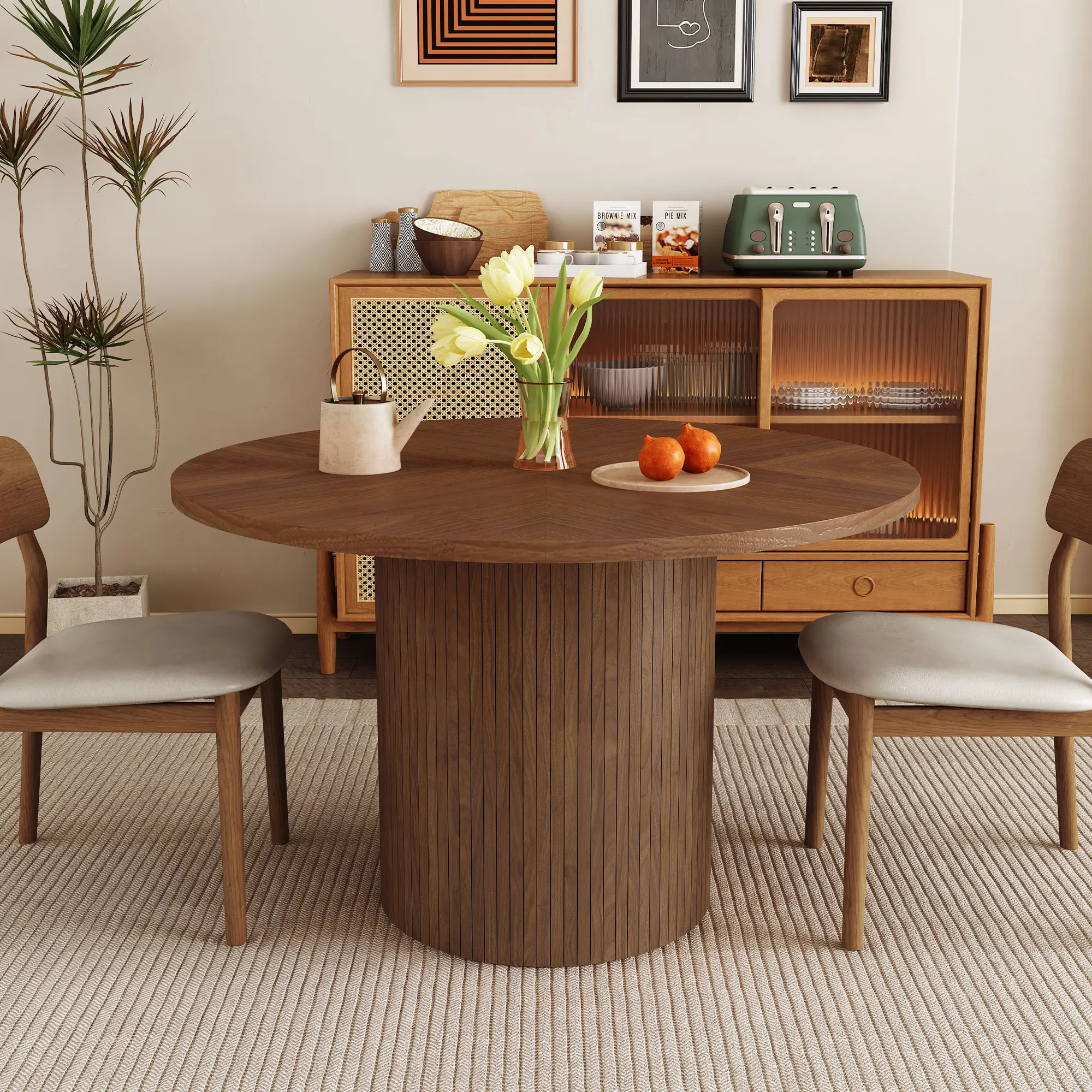 Giratree 47.2" Round Dining Table for 4–6 People, Farmhouse Wooden Kitchen Table with Rattan Pedestal Base for Dining Room, Living Room, and Small Spaces