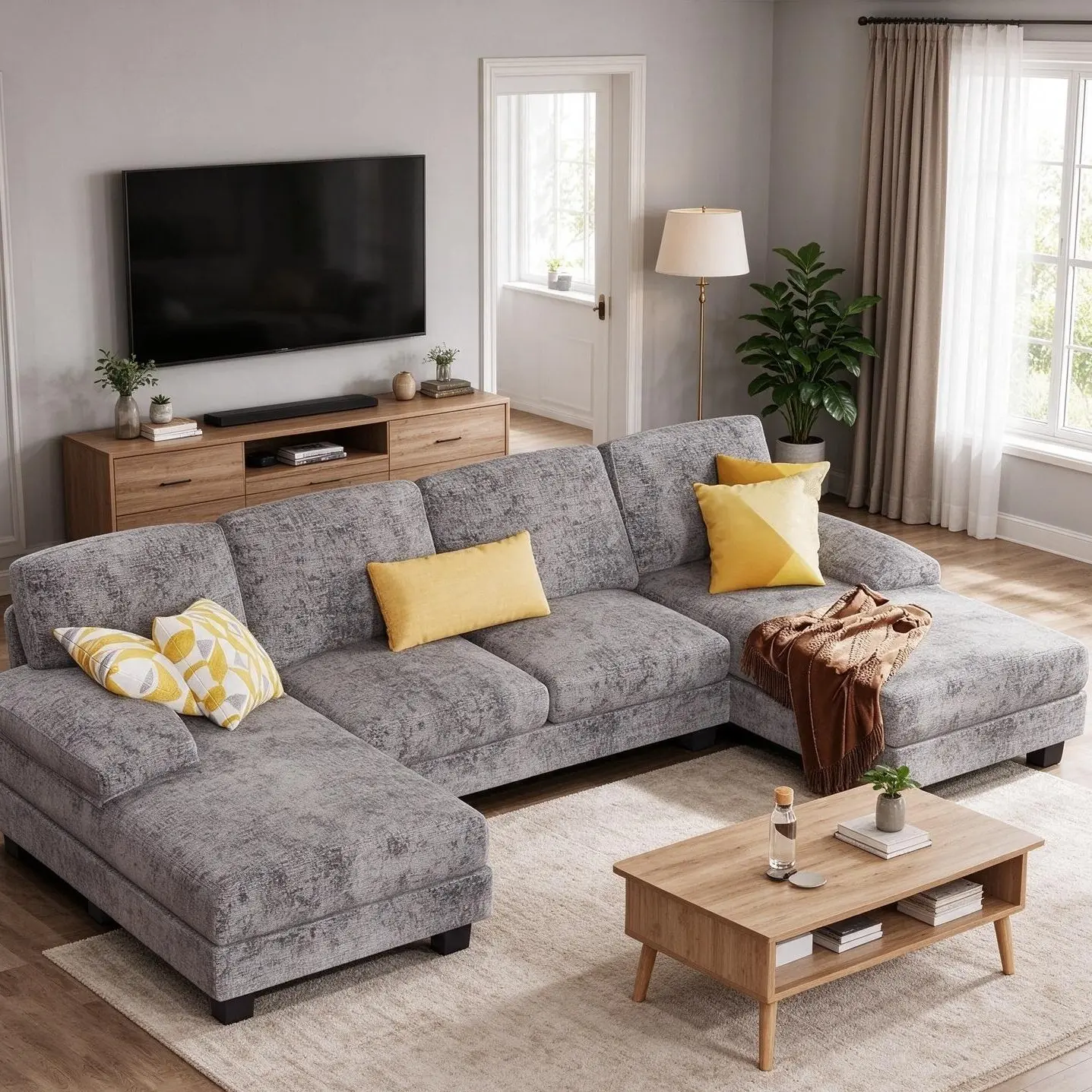 Large Soft Sectional Couches for Living Room, Chenille, Grey