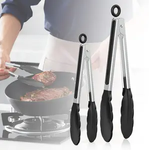 Stainless Steel Heat Resistant 600 Degree Kitchen Tongs for Cooking,Set of 2 BBQ Tongs,Non Scratch Stick Silicone Tip for Pans,Strong Grip,Grab Food,Toss Salad,Air Fryer,Pull Locking Tongs,7+9",Black