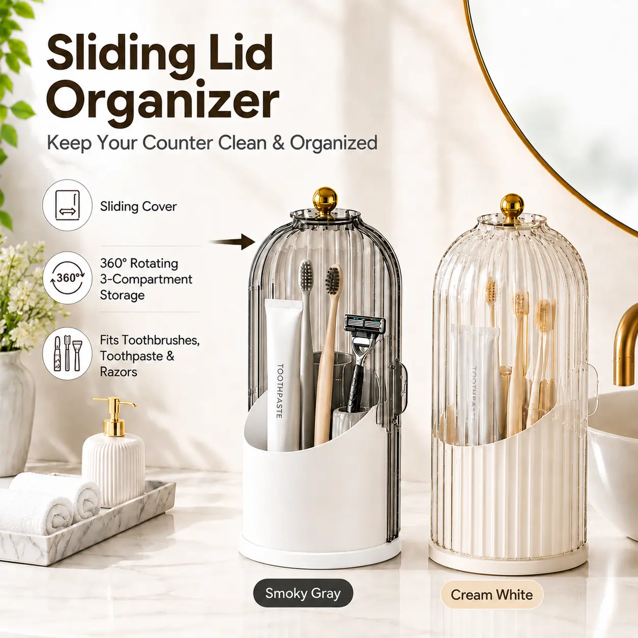 Modern Acrylic Standing Toothbrush Holder with Sliding Lid, 3-Slot Rotating Bathroom Countertop Organizer, Toothpaste & Makeup Brush Caddy for Vanity Sink (Grey/White)