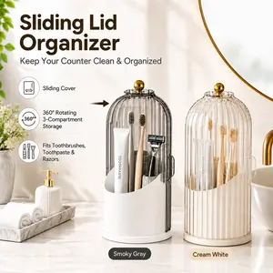 Modern Acrylic Standing Toothbrush Holder with Sliding Lid, 3-Slot Rotating Bathroom Countertop Organizer, Toothpaste & Makeup Brush Caddy for Vanity Sink (Grey/White)