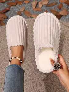Women's Warm Plush Slippers, Multi-Color Velvet Lined Home Cotton Shoes, Bedroom Slippers, Textile Upper, Rubber Sole, Rubber House Shoes, All Seasons Comfort