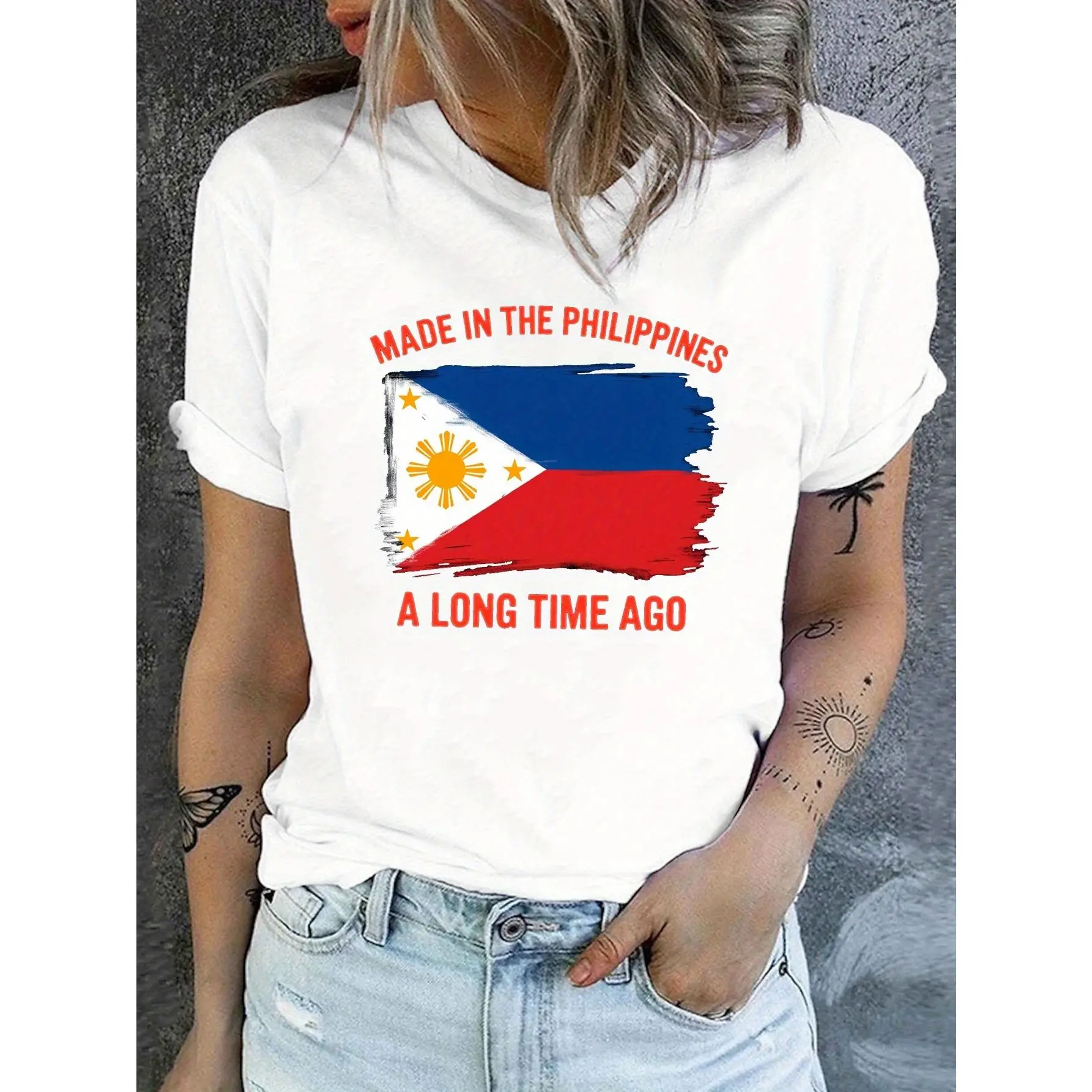 Women's Philippine Flag T-Shirt - Philippine-Suitable for & Local Market Short Sleeve Crew Neck Top with & (Philippine Flag Brushstroke Print) - Casual Comfortable Year-Round Wear Machine Washable Philippine Apparel