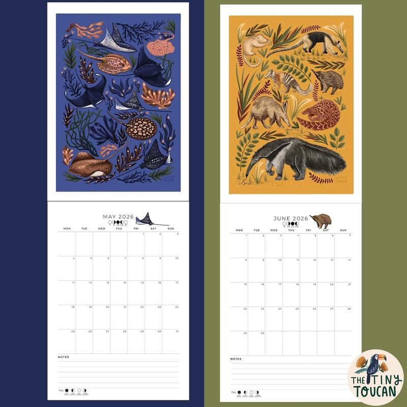 2026 Calendar A4 Illustrated Wall calendar. Cottagecore. Mushrooms. Frogs. Family Calendar. Magpies. Capybara. Mon-Sun organisation handmade