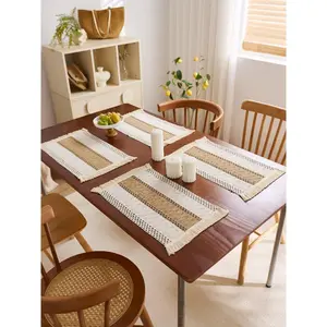 DRAGUE Woven Boho Placemats Set of 4/6, 100% Polyester Table Mats with Fringe, 19.7" x 11.8" Rectangle Washable Dining Placemats for Kitchen, Dining Table & Holiday Decor
