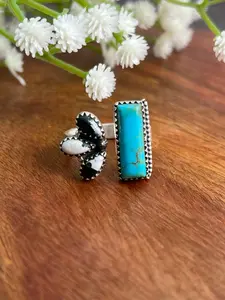 Handmade Sterling Silver Blue Kingman Turquoise with White Buffalo Adjustable Ring "Signed Nizhoni"
