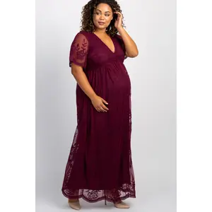 PinkBlush Burgundy Lace Mesh Overlay Plus Maternity Maxi Dress