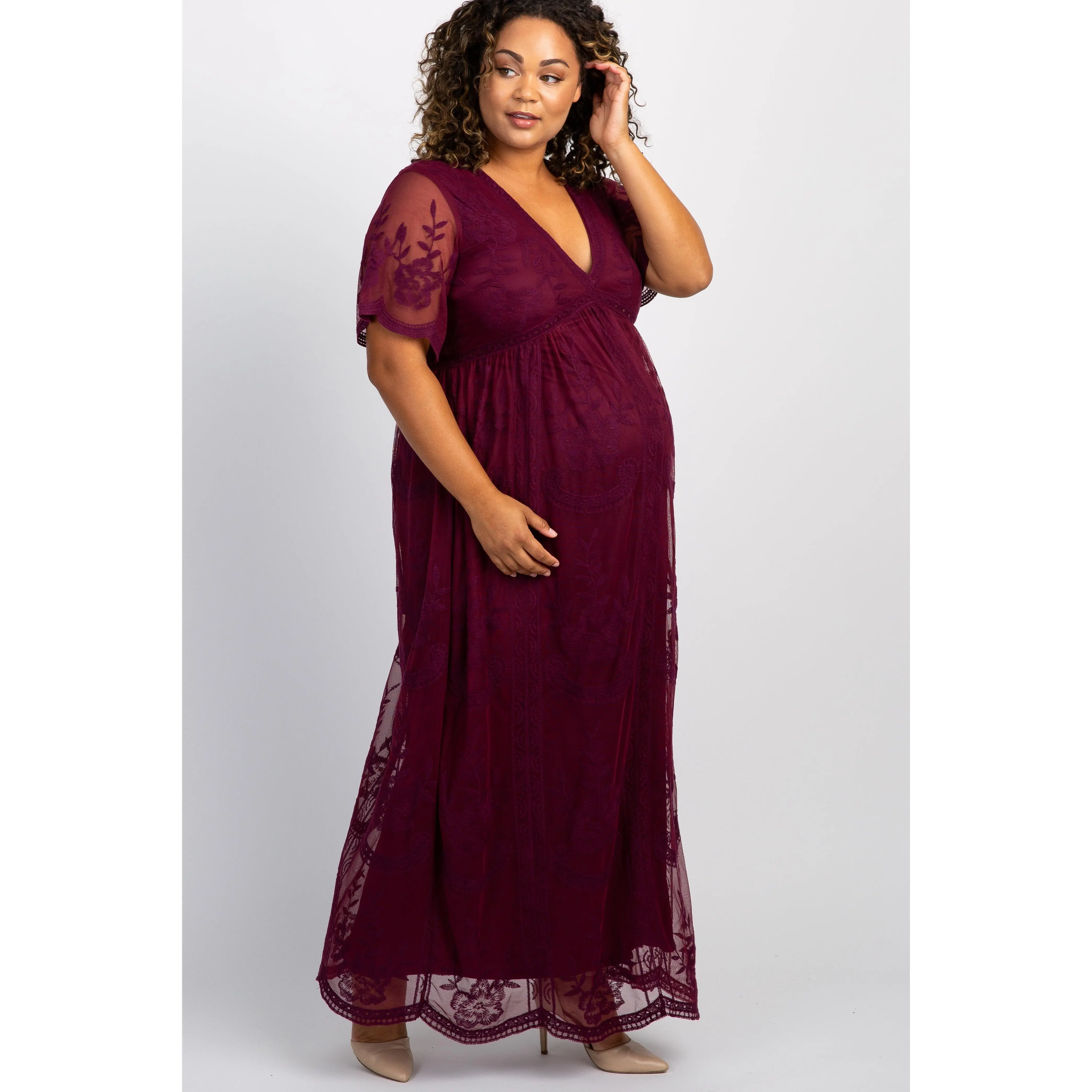Plus Size Maternity Clothing: Burgundy Lace Mesh Overlay Empire Waist Maxi Dress for Baby Showers & Photoshoots, Maxi Dress Maternity Clothing & Accessories, Maternity Apparel, Sheer