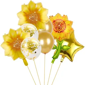 Yellow Sunflower Birthday Balloons Aluminum Foil Sunflower Shaped Mylar Balloons for Sunflower Theme Party Wedding Baby Shower Decor (8Pcs)