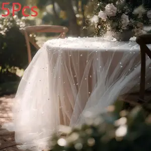 5-piece set, 30*119inch white pearl tulle, romantic pearl-embellished tulle, suitable for art decorations, wedding decorations, holiday decorations, Christmas, Valentine's Day, chair decorations, props, festive ornaments, and dessert table decorations.