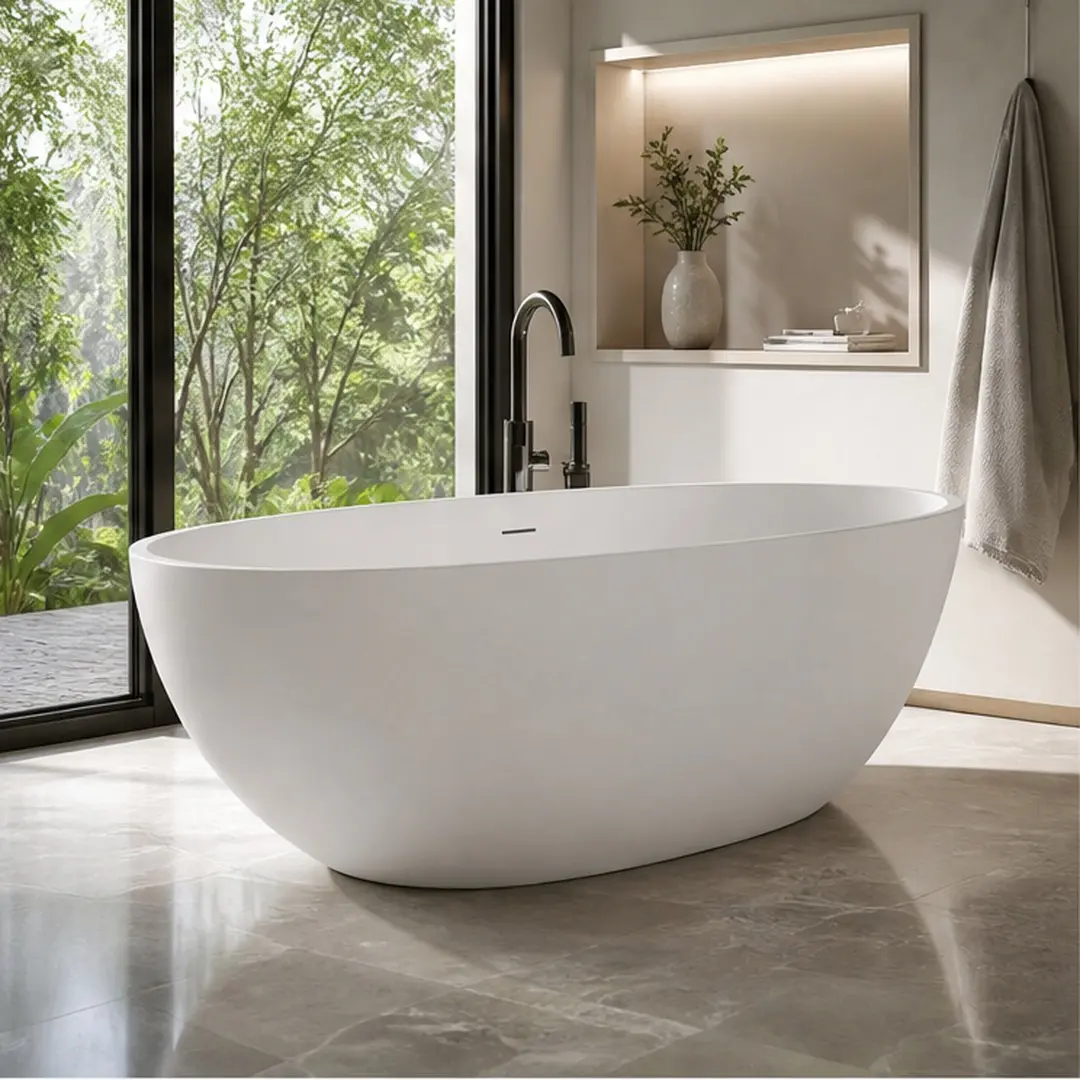 ARCH 66.9 Inch Freestanding Solid Surface Soaking Bathtub, Matte White Oval Freestanding Tub, One-Piece Contemporary Soaking Bath for Small to Medium Bathrooms, Ergonomic Design, Center Drain, Modern Minimalist Style, Matte White Color Options