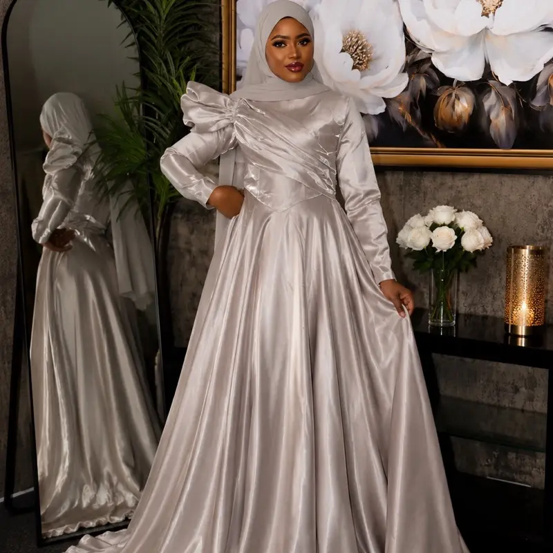 Women's Royale Gown - Modest, Elegant Formal Wear with Matching Glossy Fabric, Sleeves