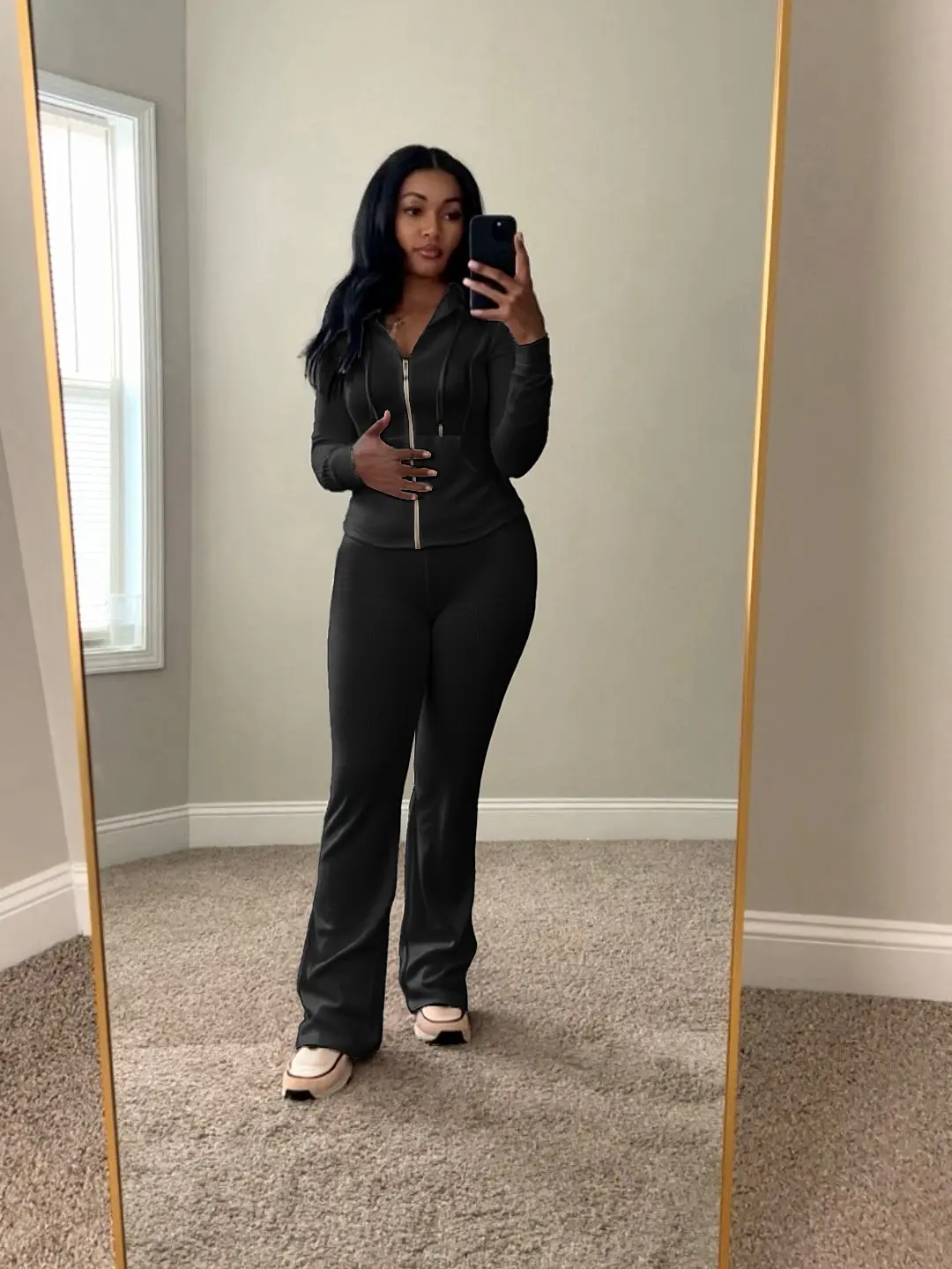 USBoutique Chic Women's Solid Black Drawstring Zip Up Hooded Top & Foldover Trousers Two Piece Set Fall & Winter Casual Co-ord Outfits, Pants, Womenswear