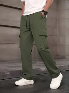 Men's Casual Workwear Pants, Comfortable Breathable Quick-Dry Plain Fashion Tactical Pants, Wide Leg Multiple Pockets Elastic Waist Design