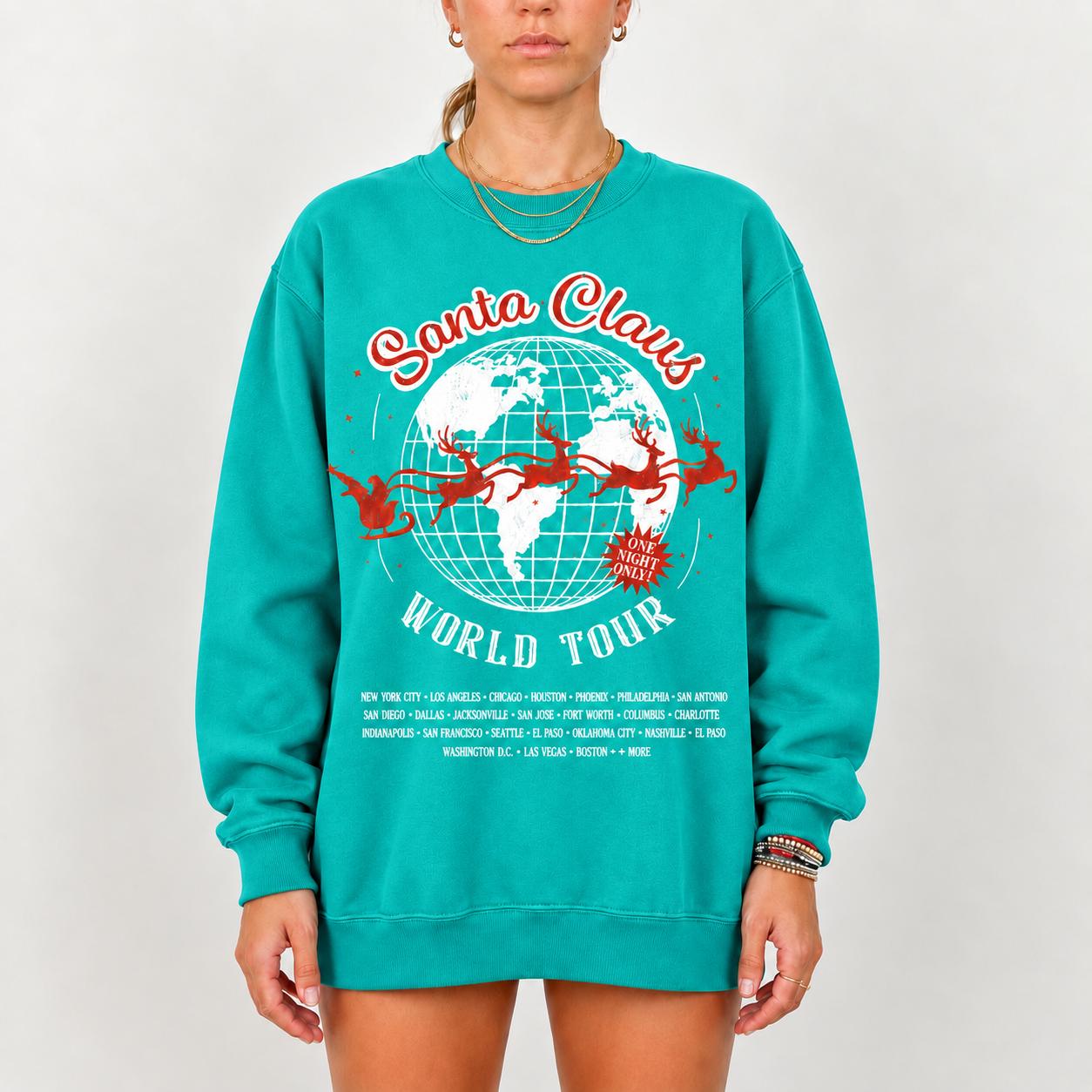 Women’s Gildan Santa Claus World Tour Sweatshirt – Christmas Reindeer Crewneck, 1 Night Only Holiday Graphic Top, Retro Concert Gift for Festive Aesthetic