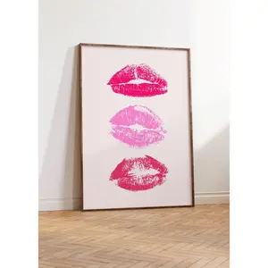 Trendy Lipstick Kisses Print, Y2k funky Wall Art, Pink mouth kisses Poster