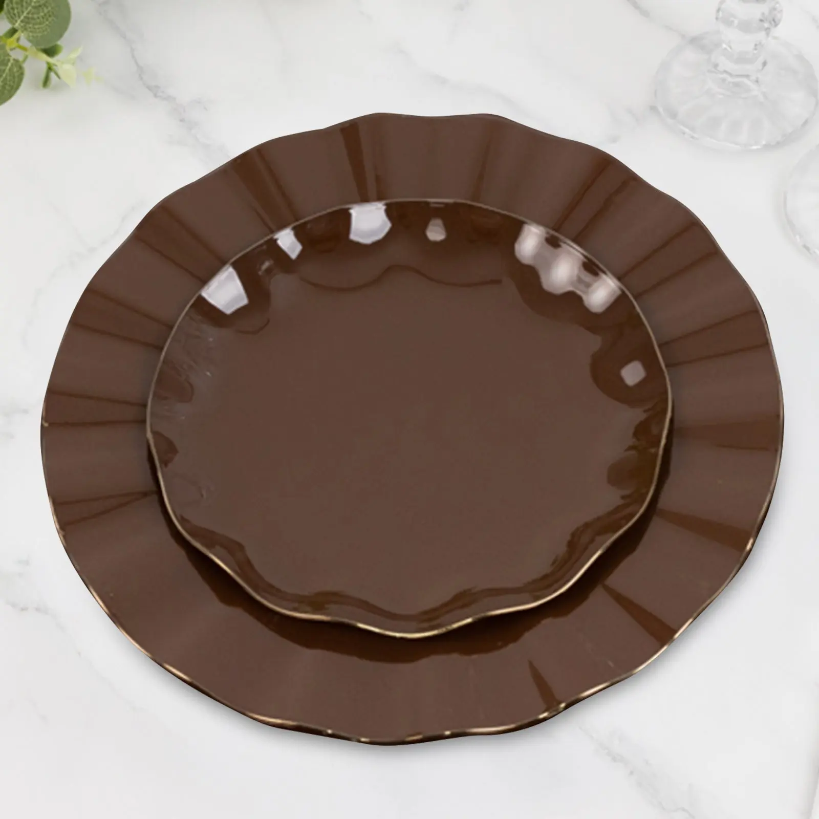 Plastic 6-inch Round Dessert Plates 10-Pack - Cinnamon Brown with Ruffled Rim, Gold Edging, Sturdy Disposable Dinnerware Sets, Party Supply, Hassle-Free Alternative for Weddings, Baby Shower