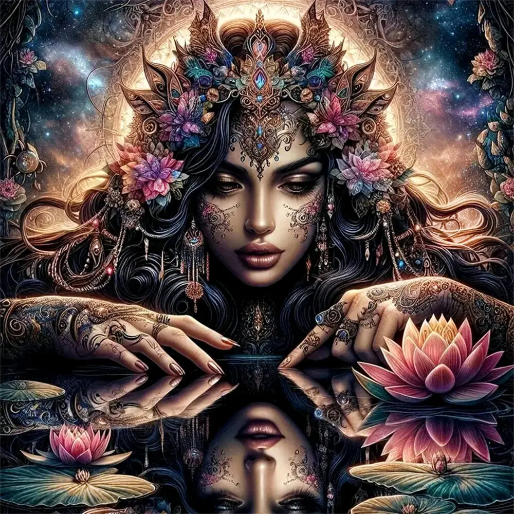 Lotus goddess with reflection wall art ,Multiple sizes available including square and round diamonds. This 5D DIY diamond painting set diamond art embroidery kit handmade furniture decor holiday birthday art personalized gift Handmade Gifts DIY Kits