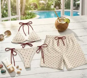 Summer 2026 Couple Beach Set, Cream Polka Dot Bikini and Matching Hawaiian Shorts