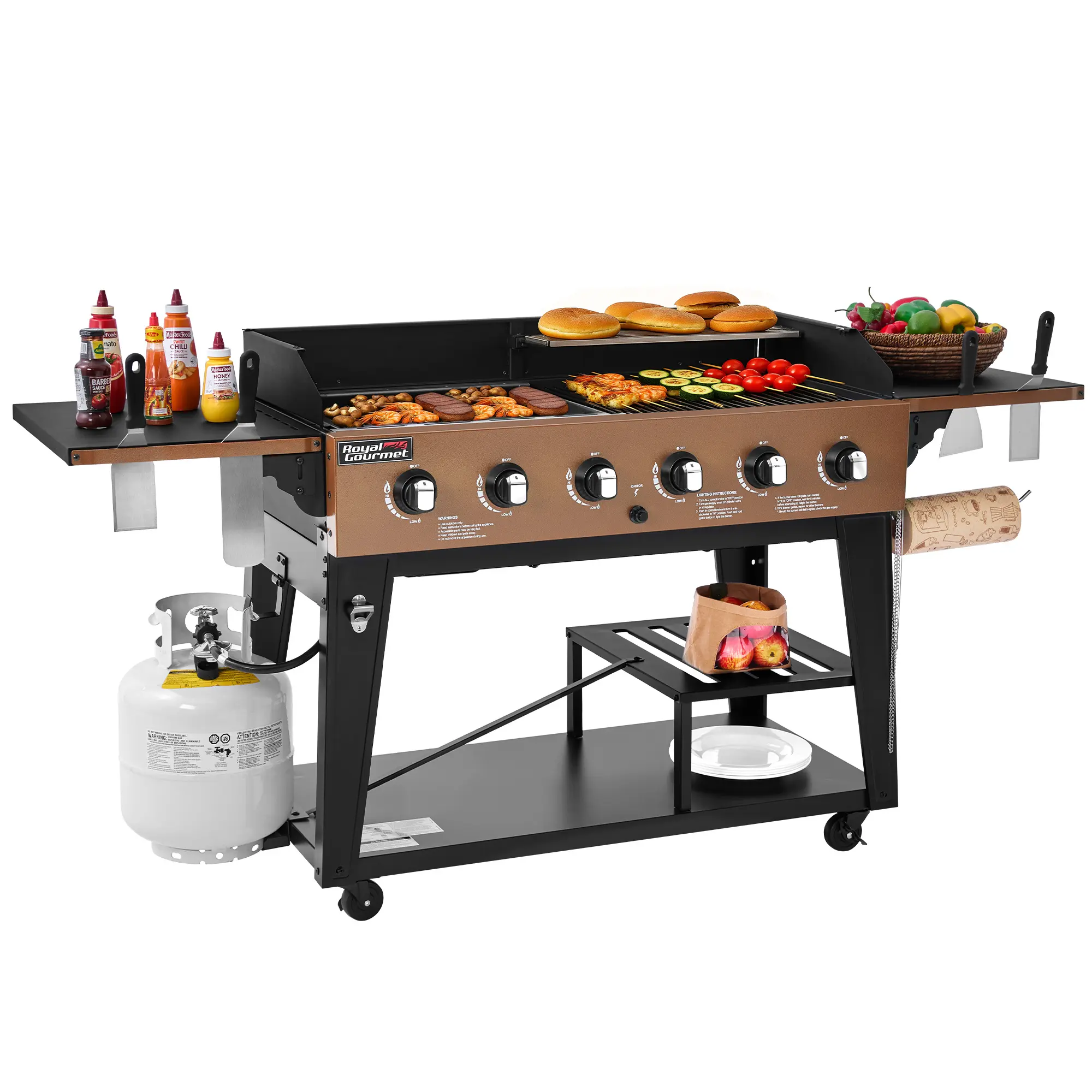 Royal Gourmet GD601Y 6-Burner 2-in-1 Gas Grill and Griddle Combo, Propane BBQ Grill with 78,000 BTU, Large Cooking Surface for Backyard, Outdoor Cooking, Family BBQ,Bronze & Black