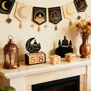 Ramadan Decoration Set Wooden Calendar Ornament, Mosque Crescent Moon Shape Eid Mubarak Props, Home Fireplace Decor