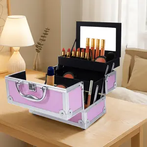 SM-2176 Aluminum Makeup Train Case Jewelry Box Cosmetic Organizer with Mirror 9"x6"x6" Pink Accordion-Style Compartments Reinforced Steel Corners & Heavy-Duty Handle