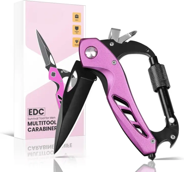 6-in-1 Pink Multitool Carabiner Keychain - Bottle Opener, Screwdriver, Window Breaker - Sports & Outdoor Camping Hiking Tool - Stocking Stuffer Gift for Women