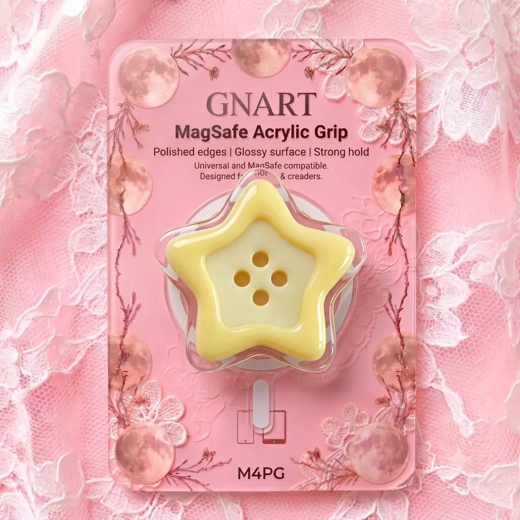 2D Yellow Star Button Magnetic Phone Grip | Clear Acrylic Cute Sewing Button Phone Stand | Soft Cottagecore Aesthetic MagSafe Phone Holder