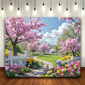 1PC,2D Flat Spring Garden Cherry Blossom Backdrop, Pink Cherry Trees Bunnies Flowers Butterflies Decor Cloth, Birthday Party Photo Live Background, Pastoral Picnic Photography Backdrop