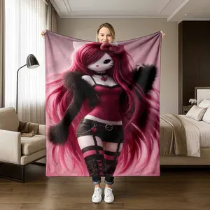 Anime Girl Flannel Blanket, Hello Kitty Inspired Pink Hair Glamour Print, Super Soft Warm Plush, Lightweight Cozy, Perfect for Home Decor, Bedroom, Living Room, Sofa, Travel, Movie Night, Valentine's Day Gift, Anniversary Keepsake.