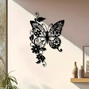 Elegant Butterfly Metal Wall Art, Fashion Iron Sculpture with Floral Design, Home Garden Balcony Decoration, Christmas Holiday Gift, Modern Home Decor, Artwork
