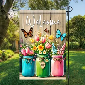 Spring Welcome Garden Flag, Mason Jar Flowers & Butterflies Yard Decor, 12x18 Inch Double Sided Flag
