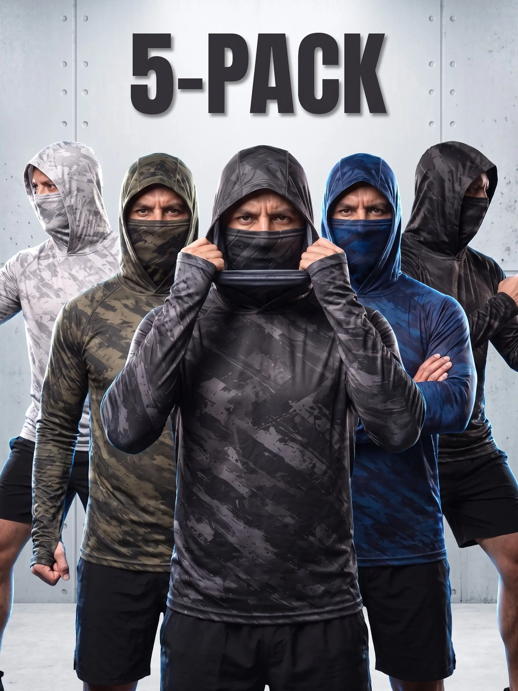 5-Pack Men's Built-In Face Mask Hoodies Long Sleeve Sun Protection Fishing Shirts Quick Dry Breathable Tactical Workout Tops Thumbhole Athletic Activewear for Outdoor Work Construction Landscaping Moisture Wicking High Stretch Mens Sportswear
