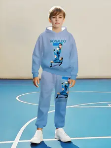 Boys' 2-Piece Hooded Sweatshirt Set with Football Player Print, Blue Jersey Style, Spring & Fall Warm Clothing, Sweatpants, Hoodies, Youth Kits