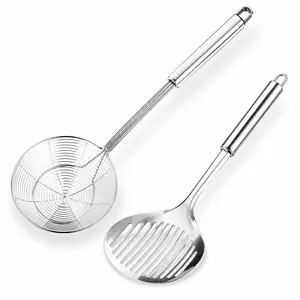 2 Pcs Multi Kitchen Utensil Stainless Steel Cooking Skimmer Slotted Fish Turner Spatula Spoon Colander Drain Water Filter Spoon Ladle Spider Strainer Skimmer Ladle for Cooking &Frying