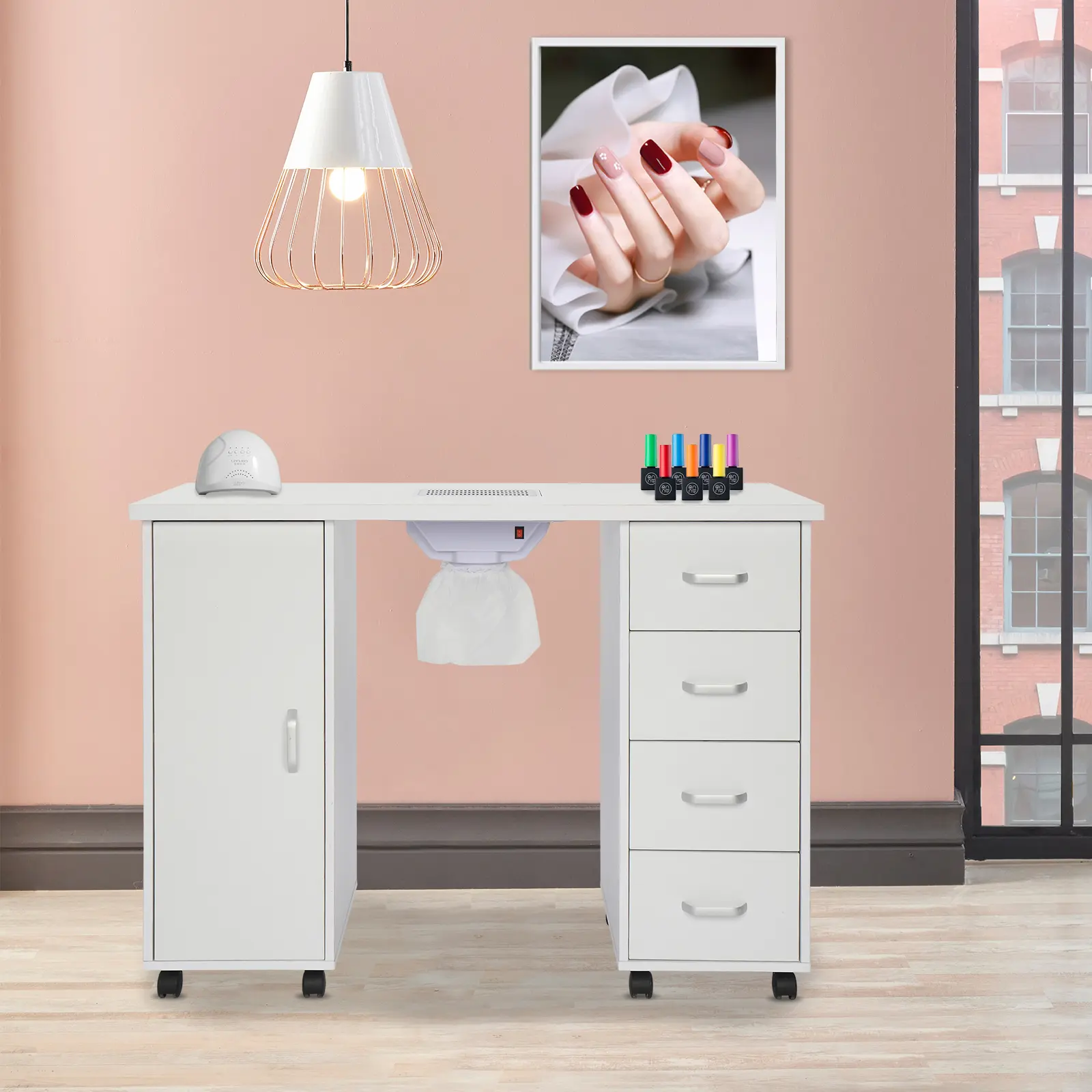 MDF Nail Table With Built‑In Downdraft Vent Fan, Mobile Manicure Work Station With Single Door Storage Cabinet And 4 Removable Drawers, Lockable Rolling Casters, White Nail Tech Desk For Beauty Salon Home Nail Art Workspace