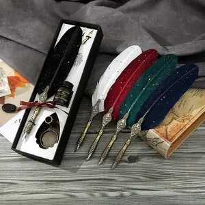 Feather Decor Dip Pen with 1 Black Ink & 2 Replacement Nibs, 1 Set Vintage Multipurpose Writing Tool for Calligraphy & Art, Writing Stationery