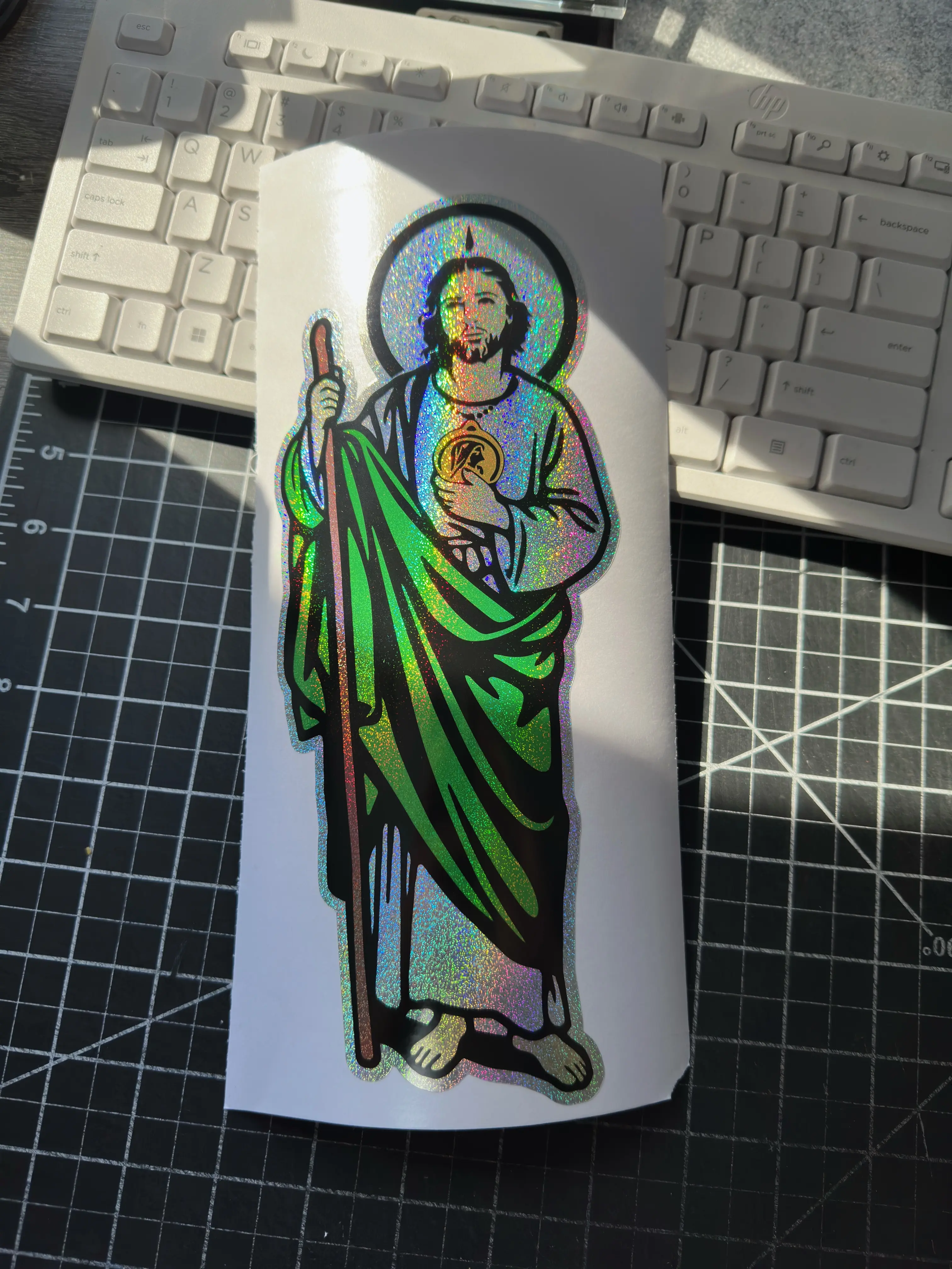 San Judas Tadeo #4 Rainbow Holographic Tiny Sparkle Color Vinyl Sticker - Self Adhesive Decal, Religious Car Exterior Ornament, Decorative Custom Glitter Accessory