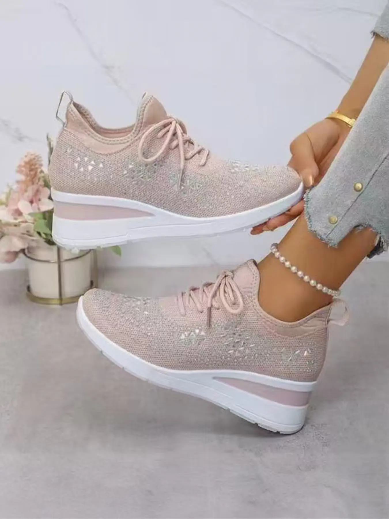 New Mesh Rhinestone Heeled Sneakers for Women, Breathable Flyknit Casual Shoes, Summer Versatile Wedge Sandals, Casual Textile Shoes, Casual Fashion Shoes, Daily Street Shoes, Casual Footwear