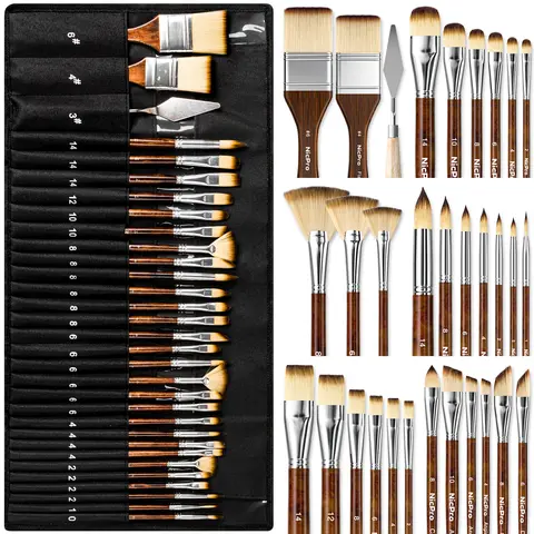 Nicpro 30-Pack Professional Paint Brush Full Set - Artist-Friendly Craft Kit with Spatula, Cloth Roll, DIY Painting Supplies, Watercolor Art Supplies, Painting Accessories for Creative Expression (Adults & Beginners)