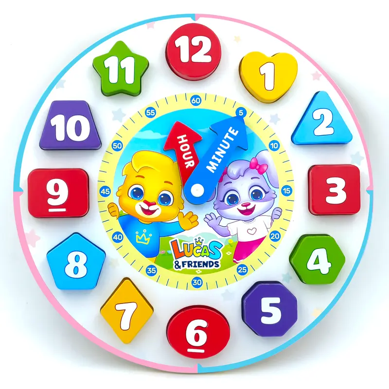 Lucas & Friends Bright Wooden Clock Set - Montessori Shape Recognition Puzzle, Toddler Puzzles, Shape Sorter with 12 Number Pieces, Safe Wood Edges Developmental Toy for 3-4 Years, Toys for Boys, Builds Time Skills, Approx. 1.5 lbs, 10 x 10 x 0.8 inches